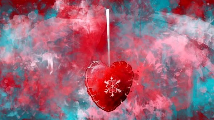 水彩圣诞装饰红色心脏背景上的彩色斑点。