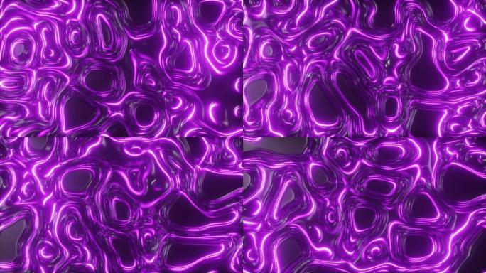 抽象发光3d渲染全息油面背景，箔波浪形表面，波浪和波纹，紫外线现代光，霓虹紫色粉色光谱颜色。无缝循环