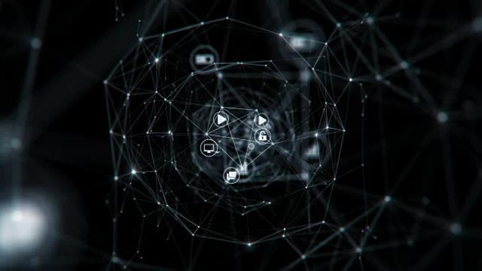 数字隧道中的美丽图标与黑色闪烁的灯光连接。带dop模糊的循环3d动画。数字技术和信息概念。
