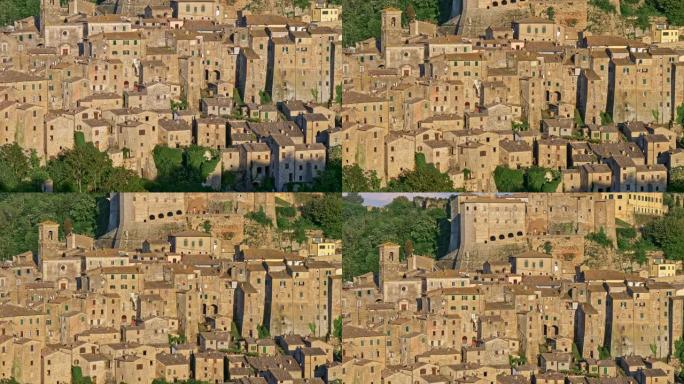 意大利索拉诺。这座建在凝灰岩上的中世纪山城的建筑物和房屋。午后的阳光。倾斜镜头，4K