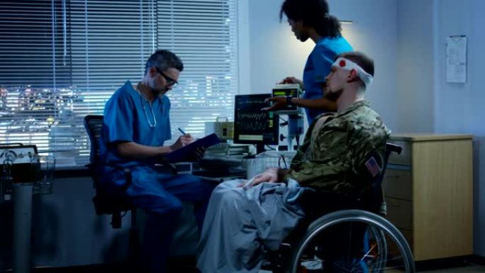 坐在轮椅上的士兵和医生们在一起
