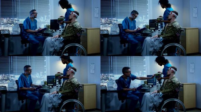 坐在轮椅上的士兵和医生们在一起