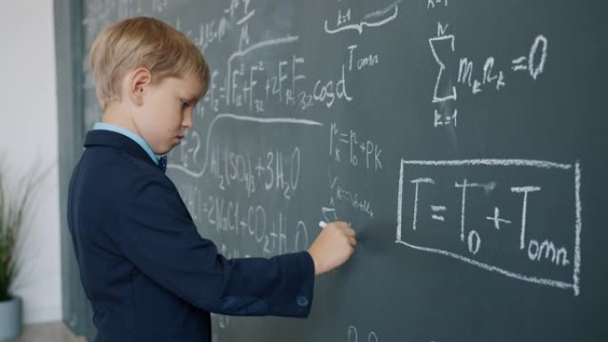 小神童的肖像在忙于科学的粉笔板上写计算