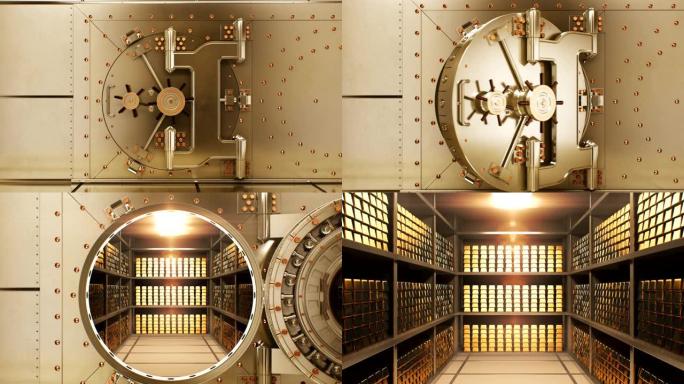美丽的大圆拱顶门通向金条保护区。银行黄金储藏室的抽象3d动画。银行和金融概念。
