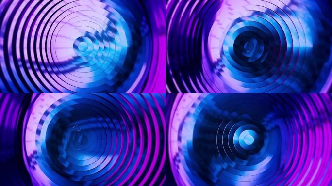 具有位移效应的圆的抽象模式。现代紫外线蓝色紫色霓虹灯。清洁戒指动画。业务演示的摘要背景。无缝循环4k