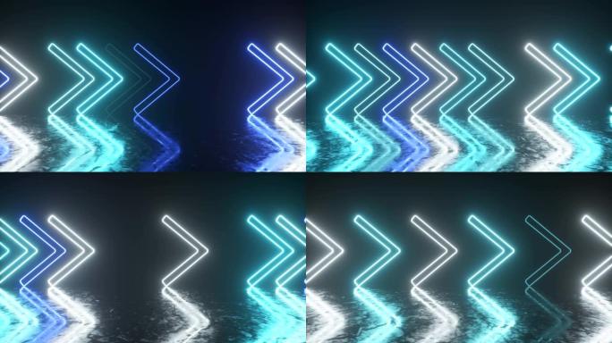 金属表面上明亮的霓虹灯箭头指示运动方向。抽象激光背景。无缝循环3d渲染