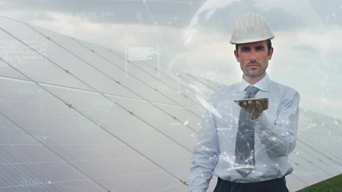 一位未来主义的建筑师，工程师，建造者，穿着西装，戴着白色头盔，拿着一个带有三角形全息全息几何项目的平