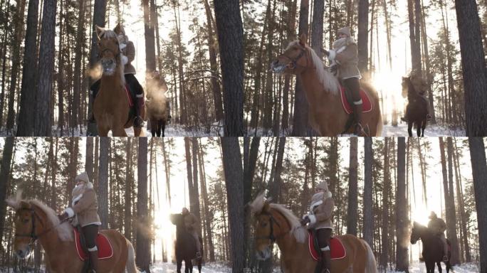 女人和男人骑马穿过森林