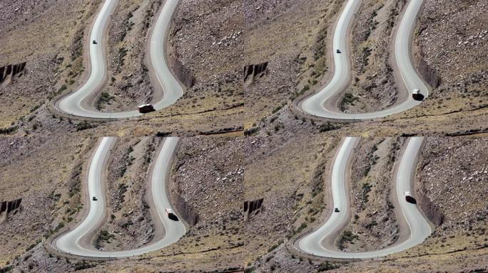 山路上的交通。之字形图案。在阿根廷普纳拍摄。