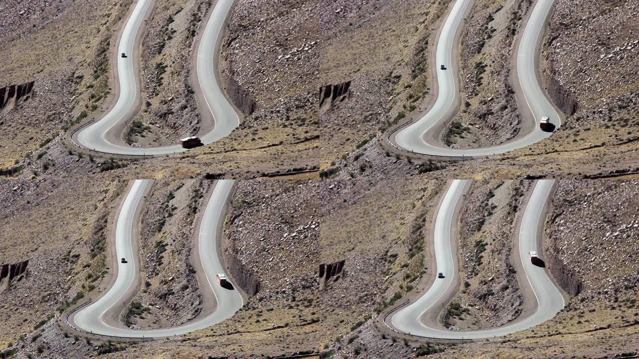 山路上的交通。之字形图案。在阿根廷普纳拍摄。