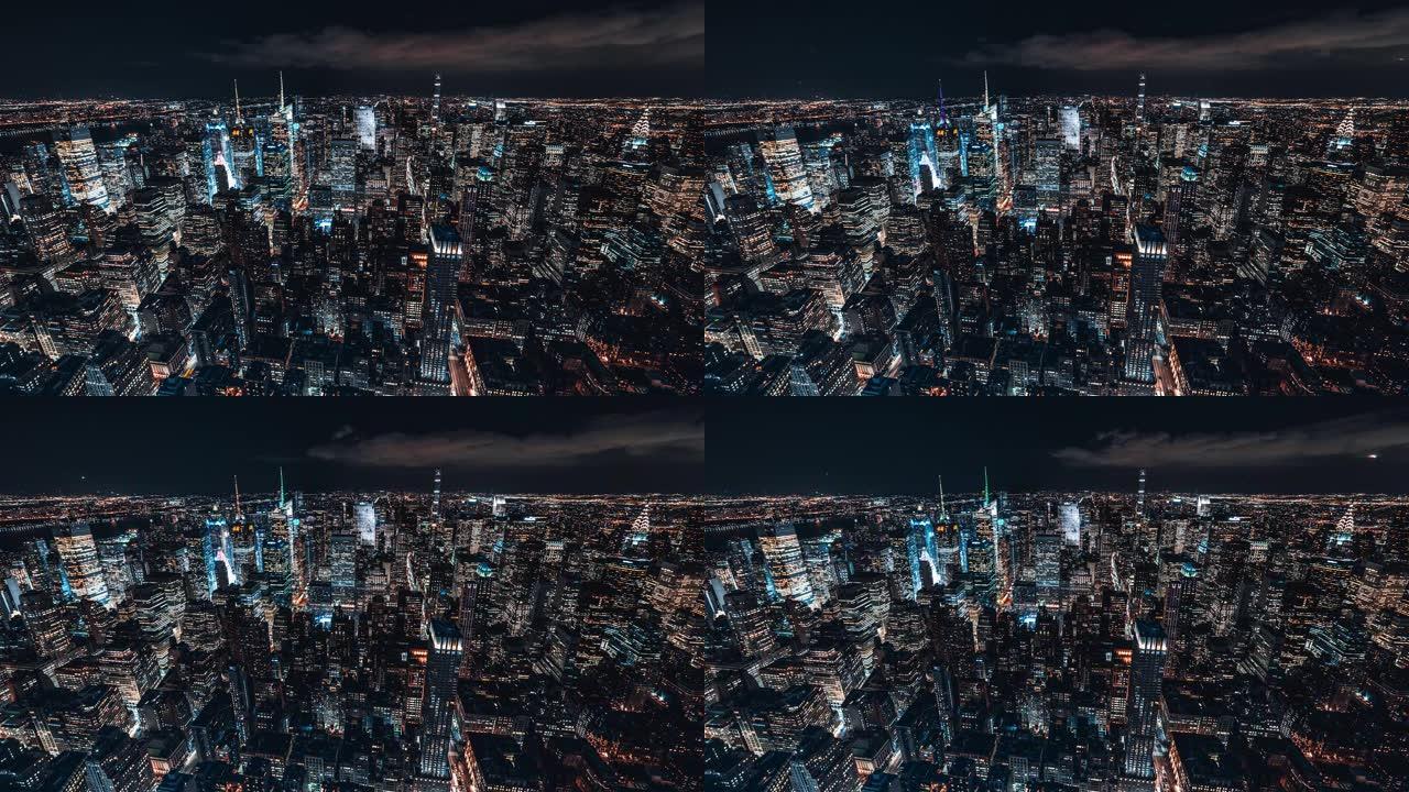 曼哈顿中城夜间天际线的T/L鸟瞰图/纽约
