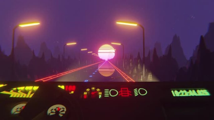 80年代荧光夜背景。驾驶员视点