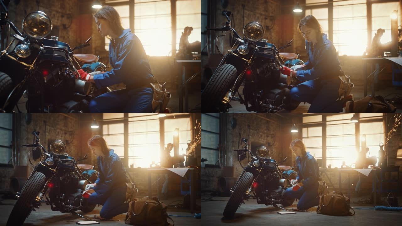 年轻漂亮的女机械师正在修理一辆定制的摩托车。穿着蓝色连体裤的天才女孩。她使用棘轮扳手并检查平板电脑以