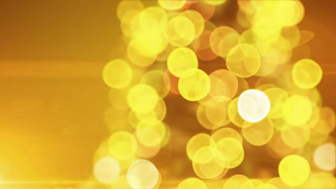 美丽的金色圣诞树灯光闪烁，并在黄色背景上的模糊Bokeh中打开特写镜头。循环3d动画。圣诞快乐，新年