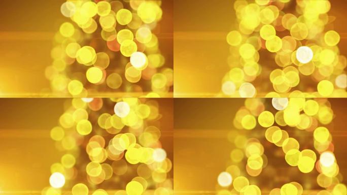 美丽的金色圣诞树灯光闪烁，并在黄色背景上的模糊Bokeh中打开特写镜头。循环3d动画。圣诞快乐，新年
