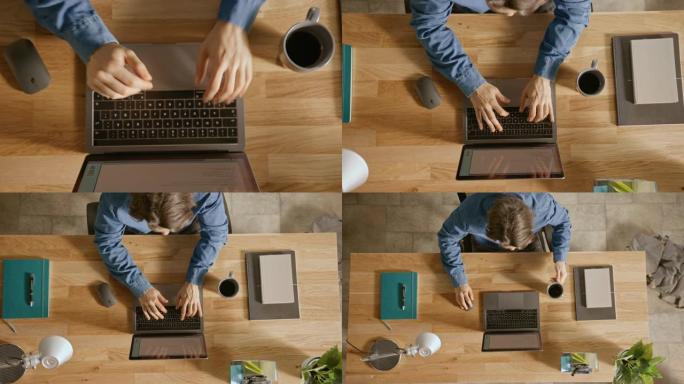 俯视图缩小镜头: 在办公室里，坐在木桌上的商人打开笔记本电脑，开始工作。他喝咖啡，打字，写电子邮件，