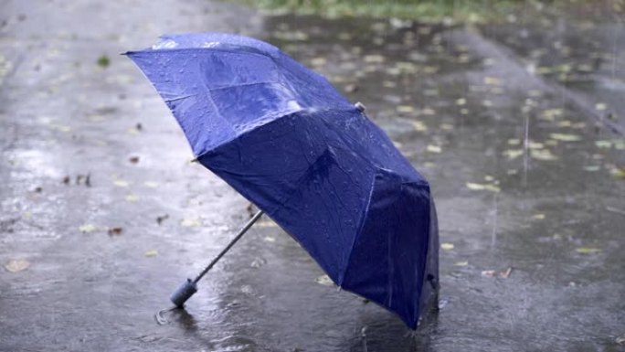 4k雨季，地板上有蓝色雨伞