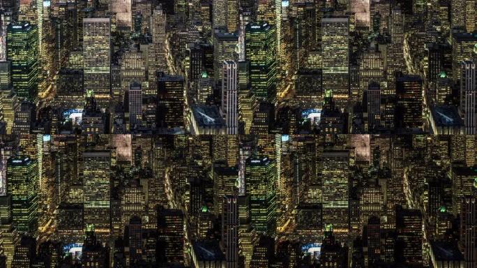曼哈顿摩天大楼的T/L鸟瞰图，从黄昏到夜晚/纽约