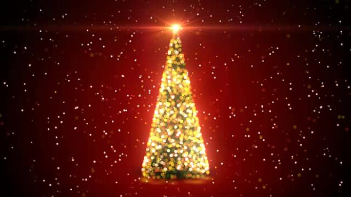 金色圣诞树，闪烁的灯光在降雪时旋转，在红色背景上的散焦模糊Bokeh中。循环3d动画。圣诞快乐，新年