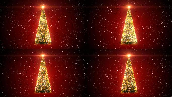 金色圣诞树，闪烁的灯光在降雪时旋转，在红色背景上的散焦模糊Bokeh中。循环3d动画。圣诞快乐，新年