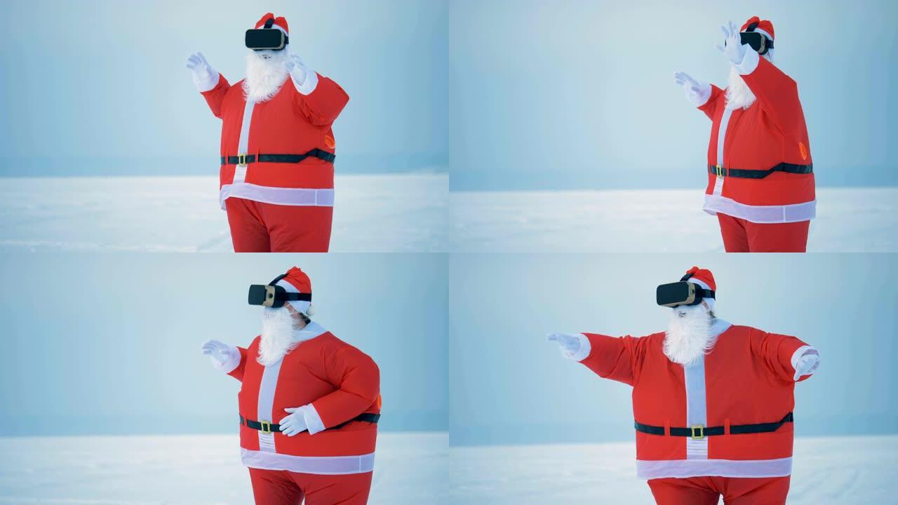 穿着圣诞老人服装的男人戴着VR眼镜，特写。