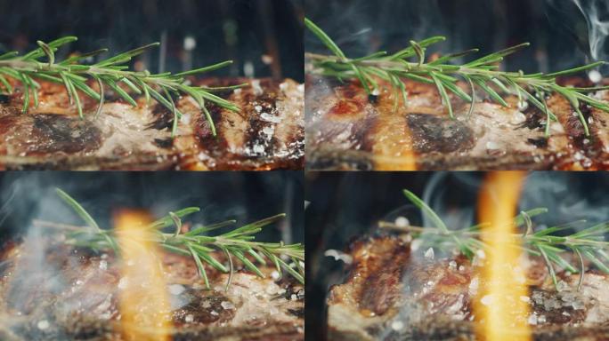 在高火焰下烹饪的烧烤烤架上肉的特写镜头。