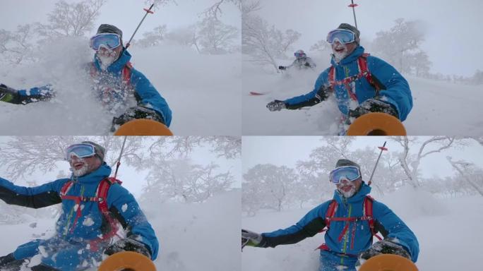 慢动作: 男性游客在未触及的山区滑雪时玩得开心。