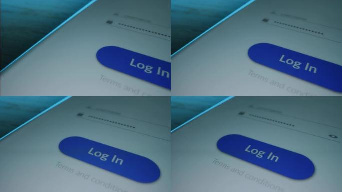特写微距拍摄: 带有打开应用程序的智能手机，显示授权屏幕，要求使用登录按钮输入用户名和密码。带模拟访