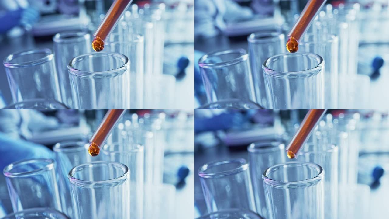 药剂学实验室: 移液器将红色/橙色液体滴入试管，医学研究，分析。科学实验室; 滴管用创新的DNA研究
