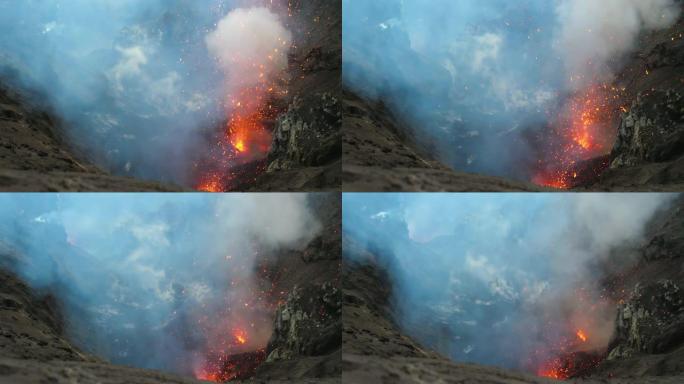 特写: 咆哮的活火山从其深处喷出发光的熔岩