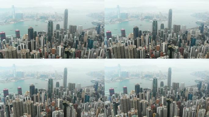 香港摩天大楼的鸟瞰图和后移。