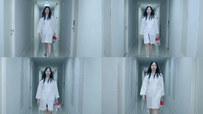 亚洲女医生走过医院走廊，慢动作