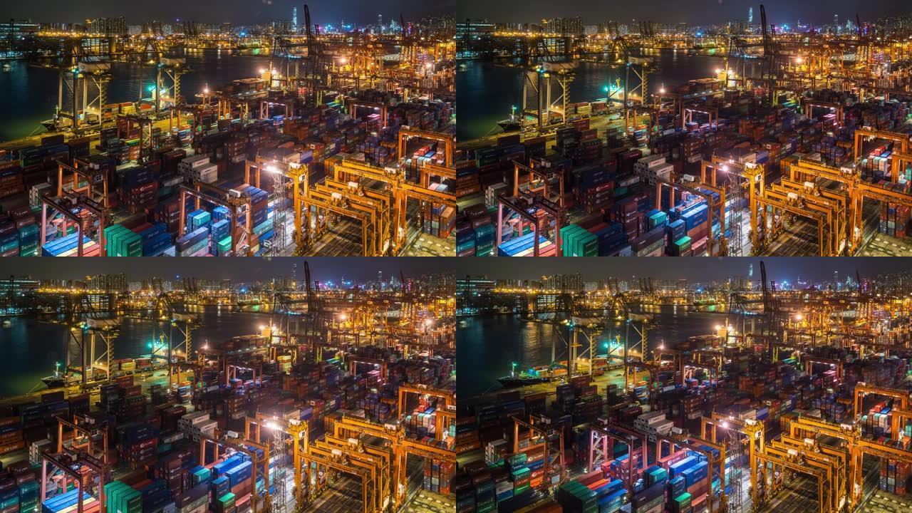 延时: 夜间在香港青衣港海上集装箱港口的货船货运工作，背景为城市景观