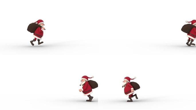 圣诞老人在屏幕上白色背景上奔跑。无缝循环3d动画