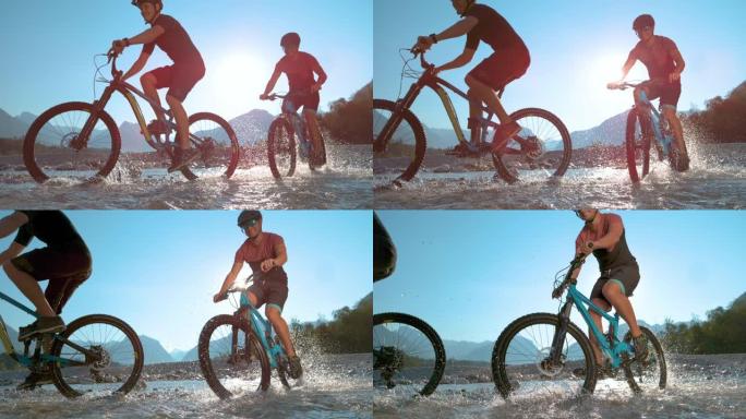 低角度开朗的年轻人在骑自行车时泼水