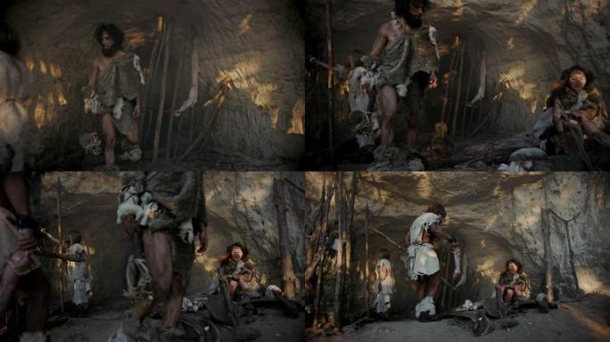 穿着动物皮的狩猎采集者部落生活在一个山洞里。领导者拿着石尖工具，去寻找动物猎物，女性在篝火上做饭，女