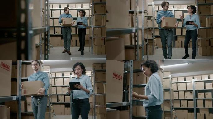 女性库存经理向拿着纸板箱的工人展示数字平板电脑信息，他们交谈并做工作。在背景库存的包裹，产品准备装运