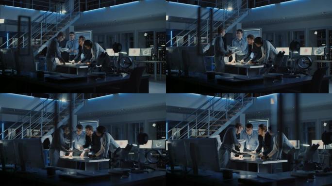 多元化的电子开发工程师团队站在办公桌前处理文档，在深夜解决项目问题。从事超现代工业设计的专家。慢动作