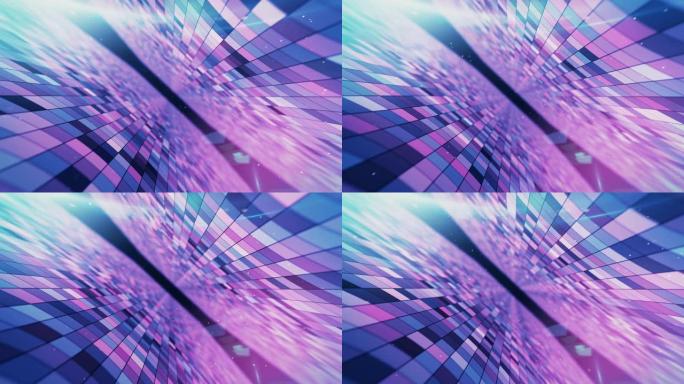 在一个抽象的空间飞行，有发光的闪光方块，蓝色红色粉色紫色光谱，荧光紫外线，现代七彩照明，4k无缝循环