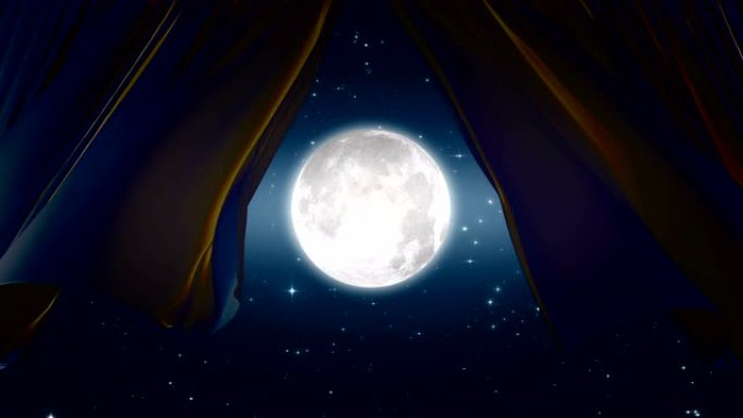 美丽的光丝窗帘在夜空中摇曳，月亮闪耀，星星闪烁。透过窗帘的月光的3d动画。