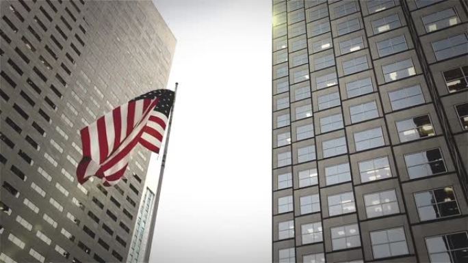 摩天大楼下飘扬在迈阿密市中心的美国国旗。
