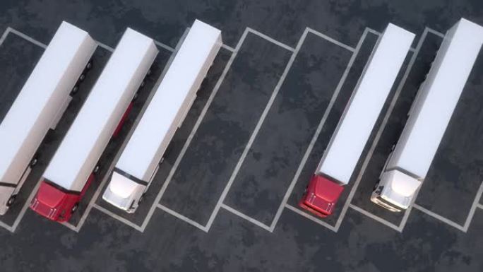 半挂卡车在停车场上排成一排的俯视图。无缝回路