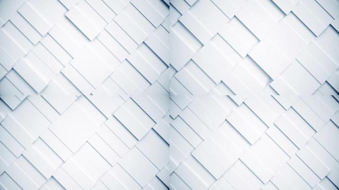 矩形的白色抽象移动结构。明亮干净的最小矩形网格图案，纯白色墙壁上的随机波动运动背景画布。无缝循环3d