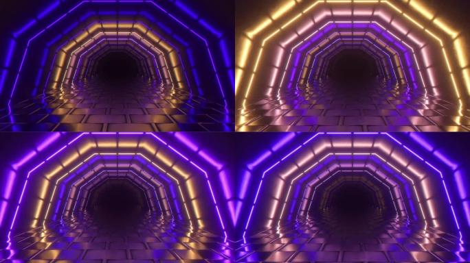 在明亮的霓虹几何隧道中飞行。未来技术。现代光谱。室内有发光的霓虹灯。未来主义建筑背景。接缝环3d渲染