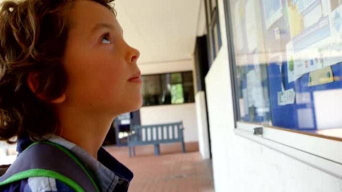 高加索男生在学校走廊4k看布告板的侧视图