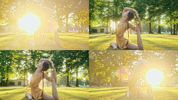 女士优雅的年轻女子在阳光明媚的公园练习瑜伽