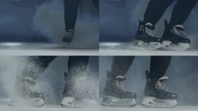 曲棍球运动员的腿在溜冰场上滑冰