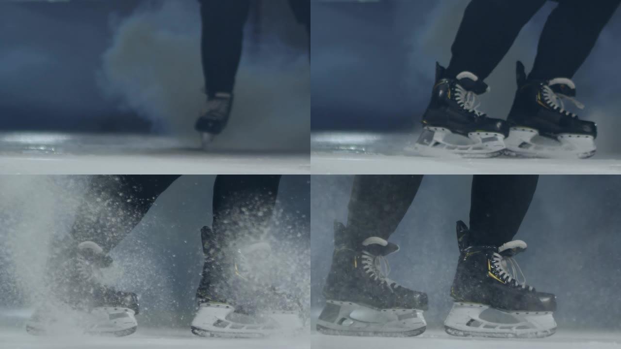 曲棍球运动员的腿在溜冰场上滑冰