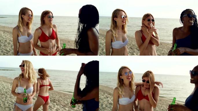 在海滩上享受夏天的女性朋友