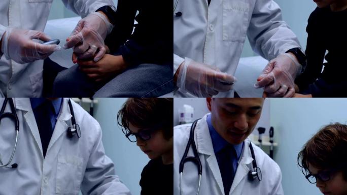年轻的亚洲男医生用血糖仪4k测量男孩的血糖水平